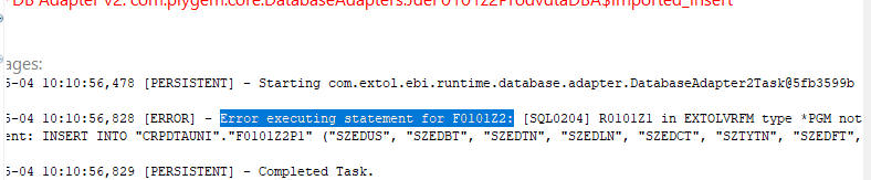 Cleo Clarify Error executing Database Adapter SQL JDEdwards F0101Z2 Insert statement iSeries AS400 PGM not found