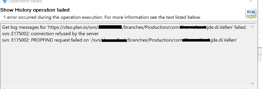 Cleo Clarify SVN Connectivity error to Cleo.plan.io screenshot