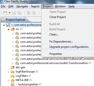 Cleo Clarify 4.6 Project Configurations menu option